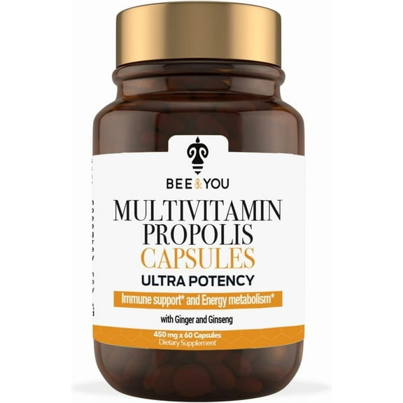 Bee and You Propolis Multivitamin Ginger Ginseng Capsules, Ultra Potency, 60ct, 100% Natural Superfood, Ultra Pure, Immune Support Supplement, Antioxidants, Keto, Paleo, Gluten-Free