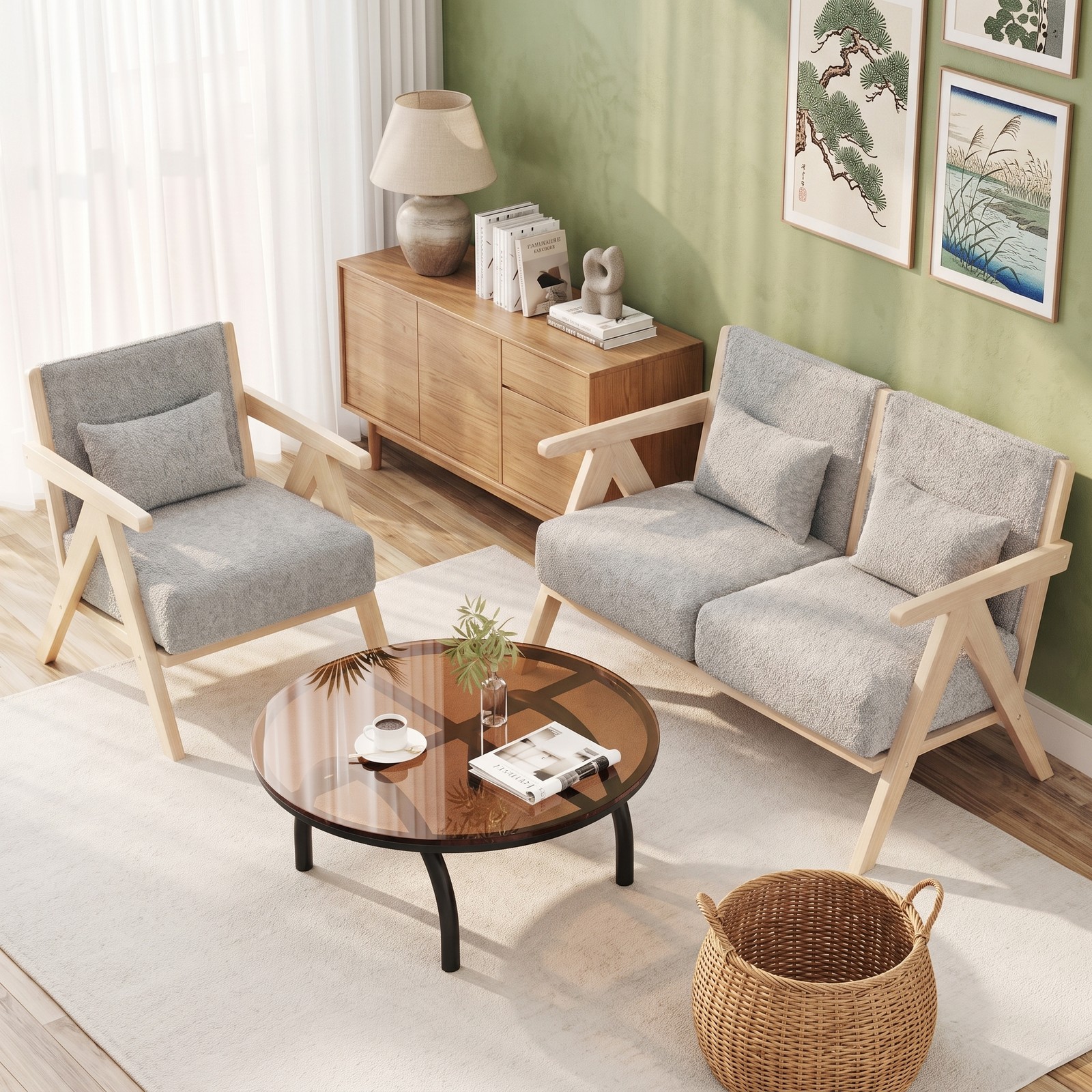 Furnibear Mid-Century Modern Accent Chair, Faux Leather Upholstered Armchair with Chenille Fabric, Rubber Wood Frame, Pocket Spring Seat, Removable Washable, Gray