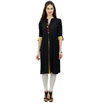 Phagun Womens Indian Ethnic Rayon Black Kurti Tunic Designer Pom - Pom Kurta - 4