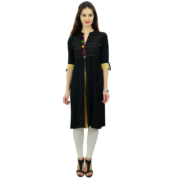 Phagun Womens Indian Ethnic Rayon Black Kurti Tunic Designer Pom - Pom Kurta - 4