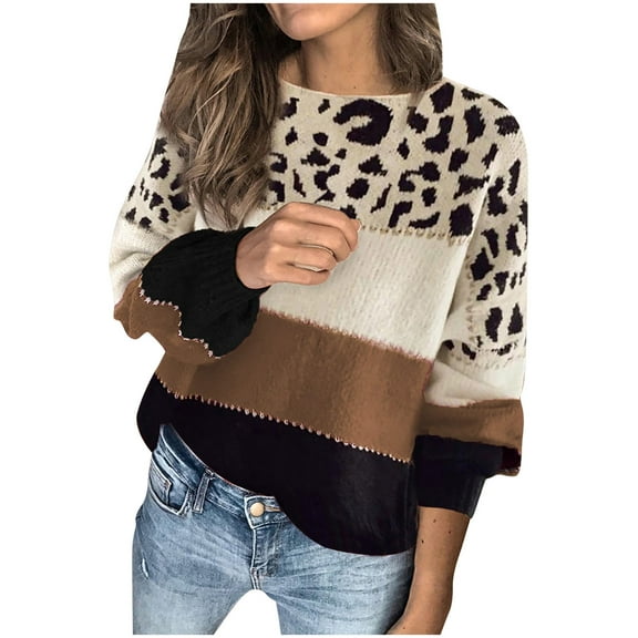 Cyber and Monday Deals Dianli Sweaters for Women Long Sleeve Round Neck Oversized Sweaters Solid Leopard Patchwork Print Blouses Fashion Loose Fit Casual Pullover Tops