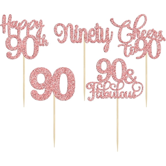 10Pcs Rose Gold Glitter 90th Birthday Cupcake Toppers, Cheers to 90 & Fabulous Picks for 90th Birthday Party Cake Decorations