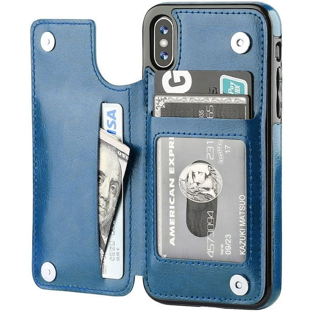 Funda tipo billetera para iPhone Xs con tarjetero, funda de piel sintética de primera calidad con ranuras para tarjetas, cierre magnético doble y cubierta duradera a prueba de golpes (azul)