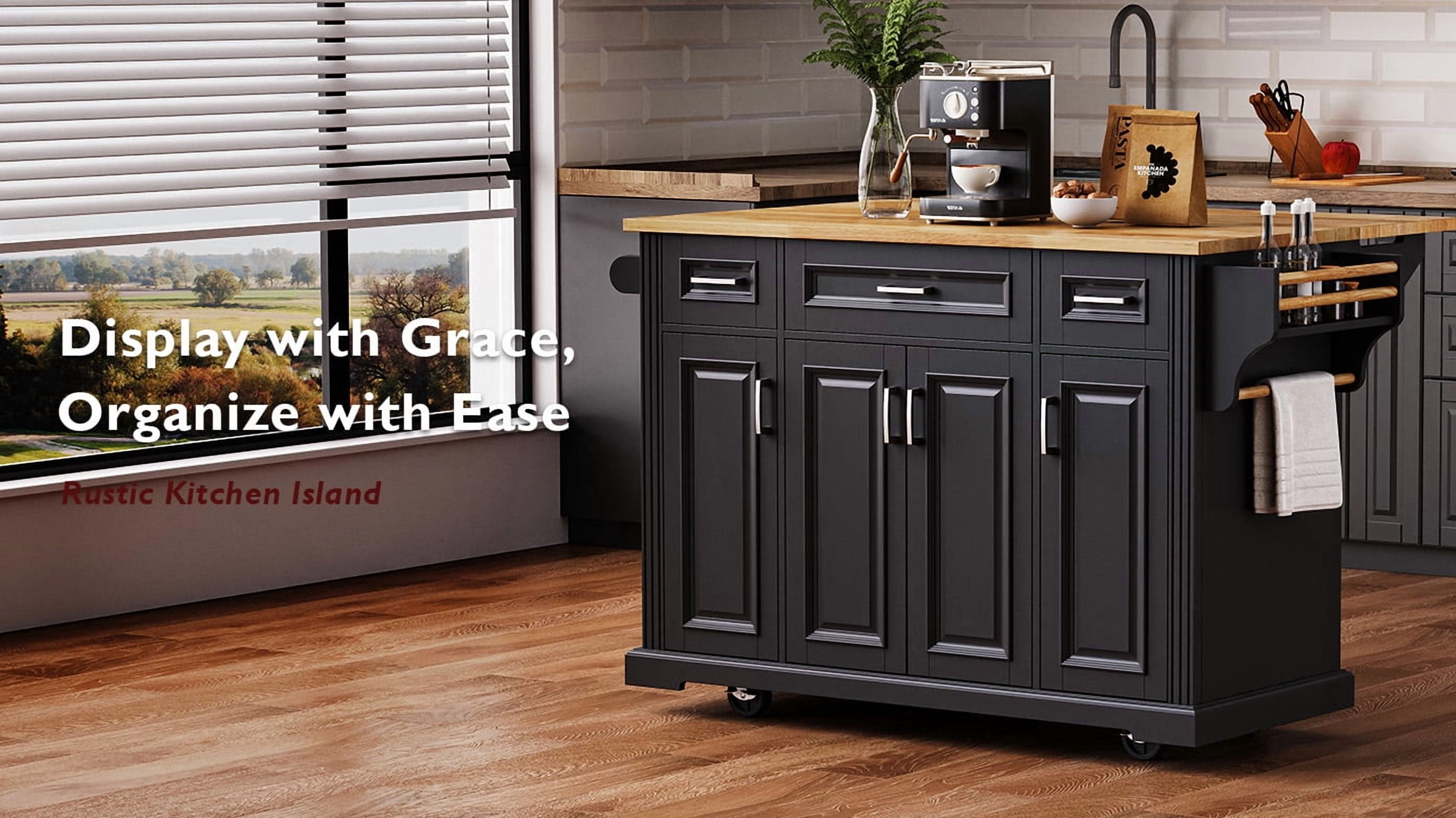 Kitchen Island with Drop Leaf, 54" Embossed Texture Rolling Cart with 4 Cabinets & 3 Drawers, Large Storage Island on Wheels for Kitchen