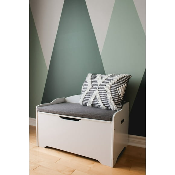 TREASURE KIDS Toy Chest with Gray cushion- Seating Bench - White Furniture for Playroom - Kids and Babies Toy Box, Wooden Storage Organizer, Children's Furniture- Large