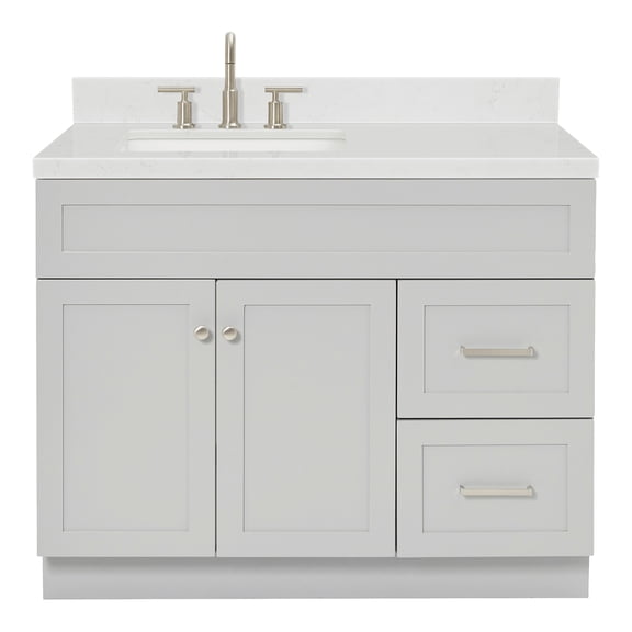 DKB Bradford 42-Inch Gray Single Bathroom Vanity with Sink, 1.5" Carrara Quartz Countertop, Solid Wood Frame, Left Rectangular Undermount Sink, Soft-Closing Doors & Drawers, Toe Kick, Brushed Nickel