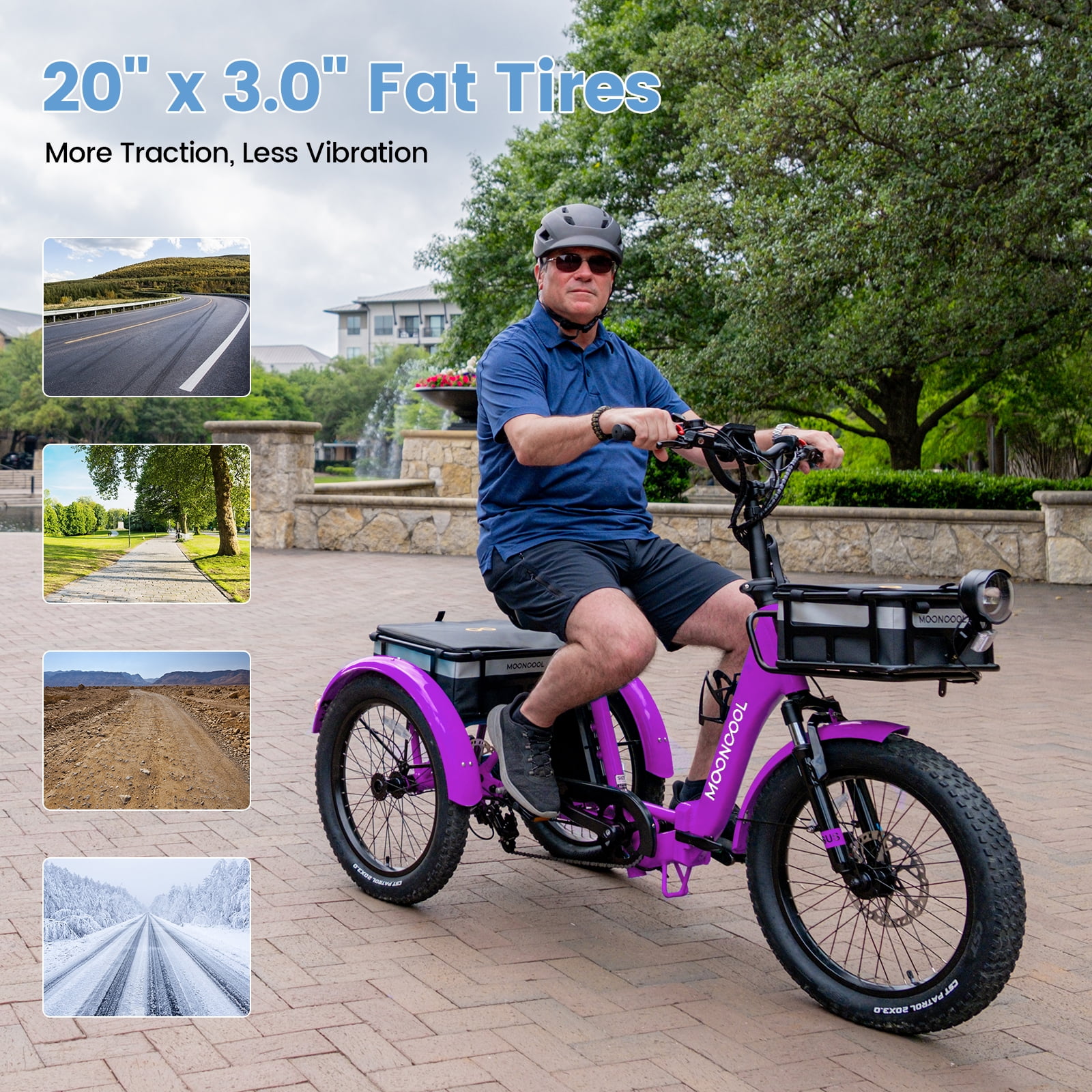 MOONCOOL TK1 Folding Electric Tricycle for Adults,48V 14.5Ah Removable battery, 1000W Motor, 20" Fat Tire Step-Thru 3 Wheel Electric Bicycle W/ Front & Rear Storage Bag Kit