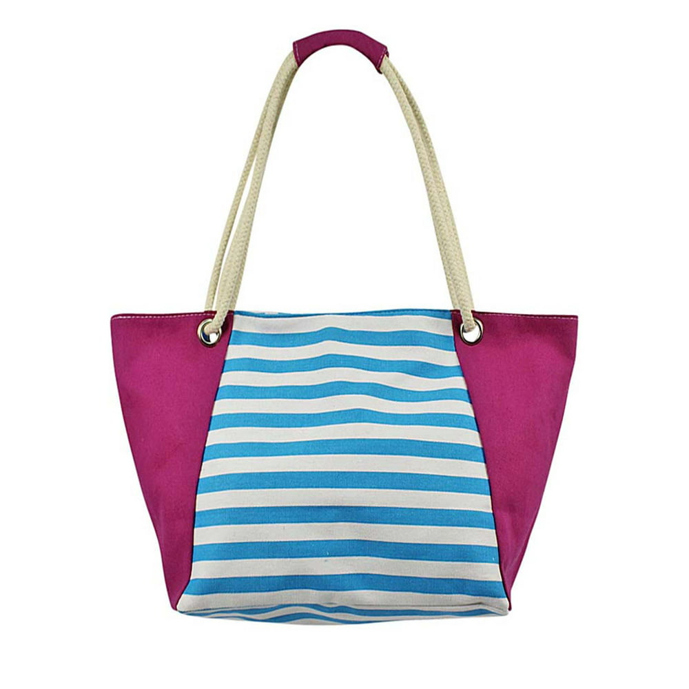Luxury Divas - Turquoise Pink & White Striped Canvas Beach Bag Tote ...