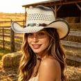 thumbnail image 2 of Woven Straw Western Cowboy Hat with Beaded Band, Unisex Wide Brim Sun Hat, Adjustable Chin Strap Summer Beach Headwear, 2 of 4