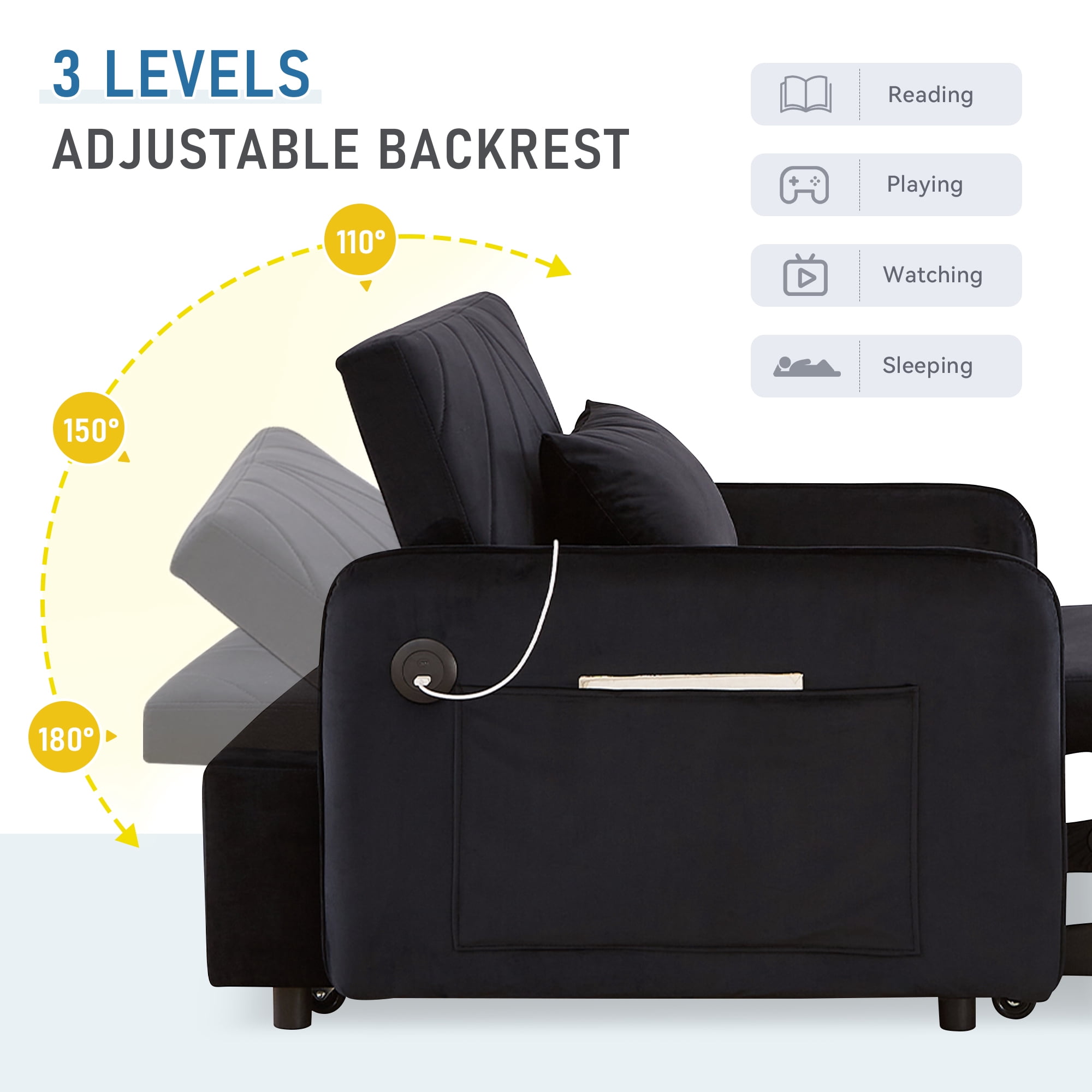 Lunale 3-in-1 Convertible Sleeper Chair Bed, Indoor Lounge Chair with USB/Type-C, Black Velvet