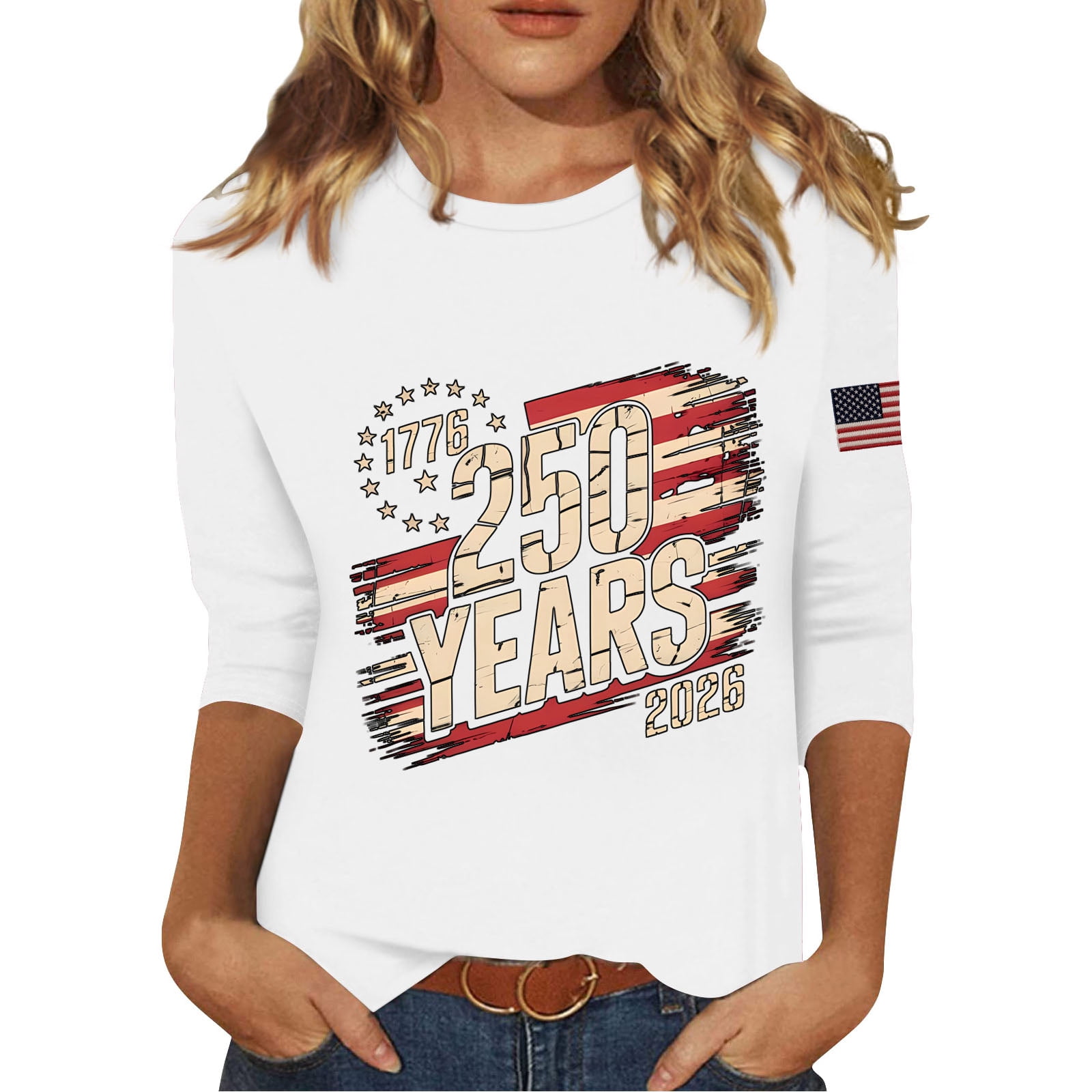 Bbyeadc 250th Anniversary Shirts for Women 3/4 Length Sleeve Crew Neck T-Shirt 250th Anniversary Gift Shirt Casual Top,White(L)