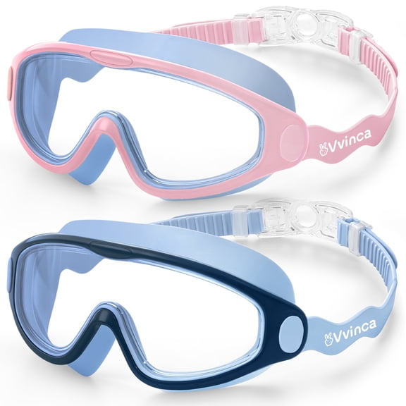 Vvinca Kids Swimming Goggles, Anti-Fog Leakproof, Soft Silicone Strap, Boys Girls Ages 3-15, 2 Pack