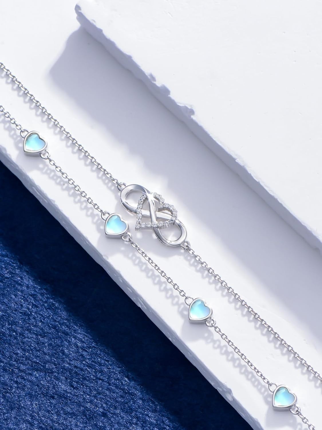 Infinity Moonstone Anklet 925 Sterling Silver Double Strand Heart Moonstone Anklet Birthday Jewelry Gift for Wife Women Mother,Chain Length 9"+2" Extend