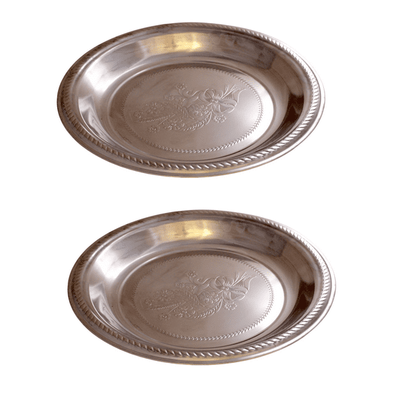 Set of 2 Decorative Aluminum Round 14.25" Round Floral Design Fruit Bread Muffin Platter Serving Tray Dish