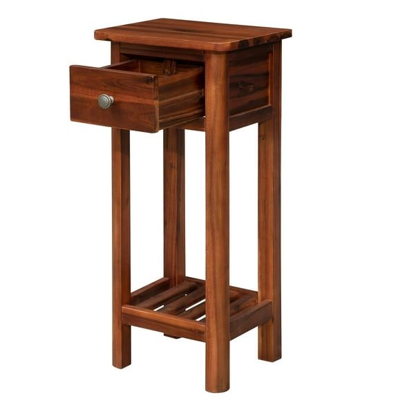 Giantex Sofa Side End Table, Acacia Wood 2-Tier Slim Side Table w/Storage Shelf and Drawer, No Assembly Required, Narrow Nightstand for Small Spaces, Living Room (1, Rustic Brown)