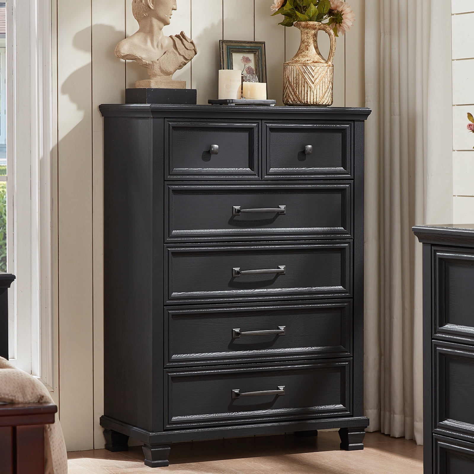 LELELINKY 6 Drawer Vertical Dresser for Bedroom, Modern Chest of Drawers Wood Storage Cabinet for Living Room, Black