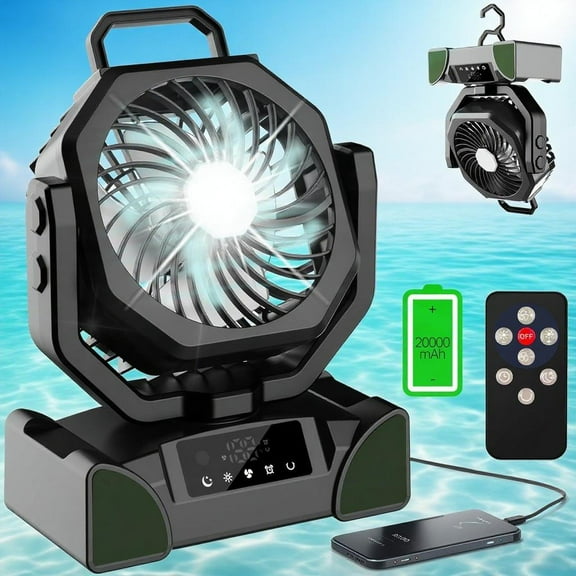 20000mAh Rechargeable Portable Camping Fan - Max 68 Hrs Runtime, Battery Operated with LED Lantern, 5 Speeds, 4 Timers. Desk Fan for Travel & Power Outages (Black)