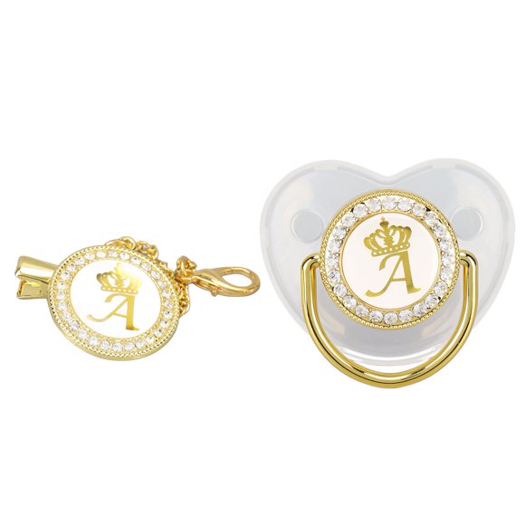 Chupete para bebé con letras de diamantes de imitación dorados para la dentición, para el bautismo y el baño.