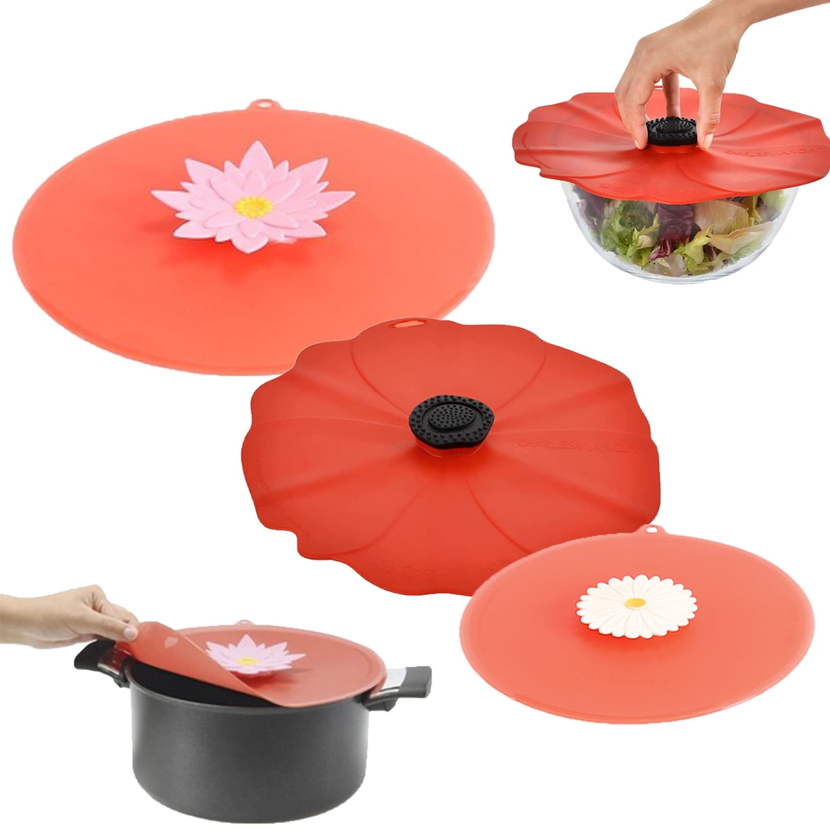 Red Poppy Natural Floral Design New! Charles Viancin 9" Silicone Lid Medium 
