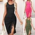 thumbnail image 4 of Yokua Womens O Neck Ribbed Dress Sexy Ruch Slit Tight Cocktail Party Midi Dresses, 4 of 20