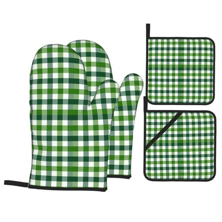 

Oven Mitts and Pot Holders 4 pcs Set Green Gingham plaid Checkered Heat Resistant Pot Holders Oven Mitts for kitchen Non-Slip Hanging Loop Oven Glove Potholders for Baking Cooking
