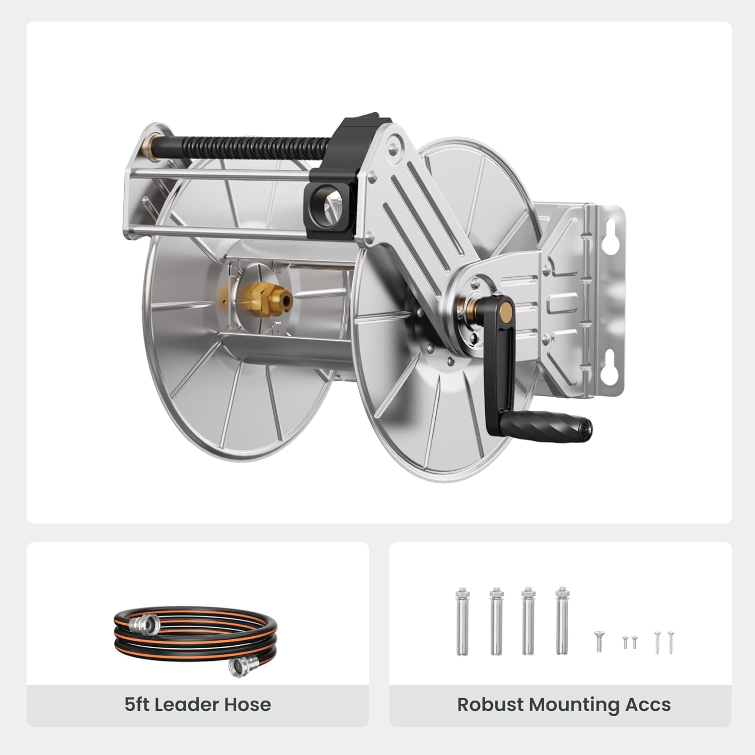 Giraffe Tools Stainless Steel Garden Hose Reel, Heavy Duty, Wall/Floor Mounted with Crank, 5/8in-150ft Hose Capacity