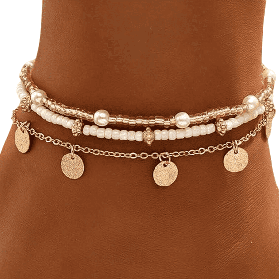 Shell Ankle Bracelet Set for Women Gold Plated, Boho Bead Adjustable Shell Ankle Bracelet Set with Pearl,  Hawaiian Beach Foot Jewelry Gifts for Her