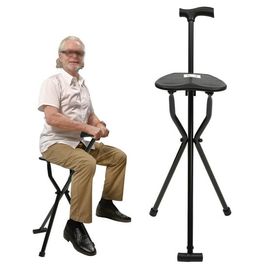 AIQIDI Foldable Tripod Stool Lightweight Anti-slip Multifunctional Three Legged Seat Walking Stick Aluminum Alloy Crutch Chair, 249 lbs Load Black