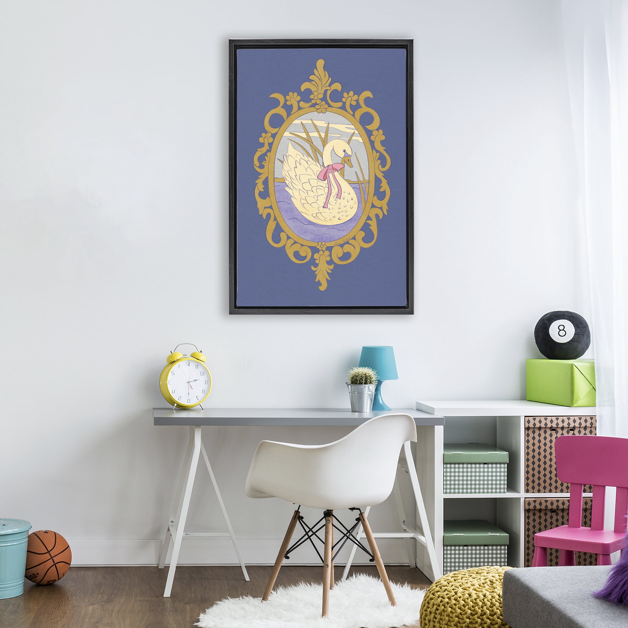 Stupell Industries Swan and Ornate Pattern Black Framed Floater Canvas Wall Art, design by Carrie Cantwell