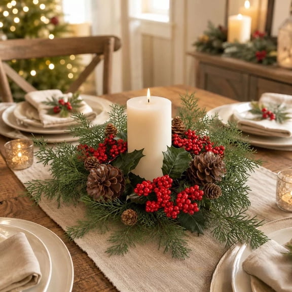 Christmas Candle Wreath Centerpiece, Artificial Pine Garland with Holly Berries & Pinecones, Holiday Table Decor for Pillar Candles