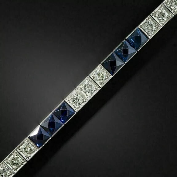 Lakshya Jewel LLC 14K White Gold Plated Princess Cut Blue Cubic Zirconia Men's Tennis Link Bracelet Silver