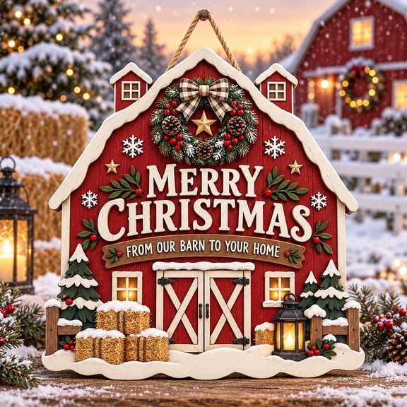 Rustic Christmas Barn Wooden Sign With Wreath Holiday Welcome