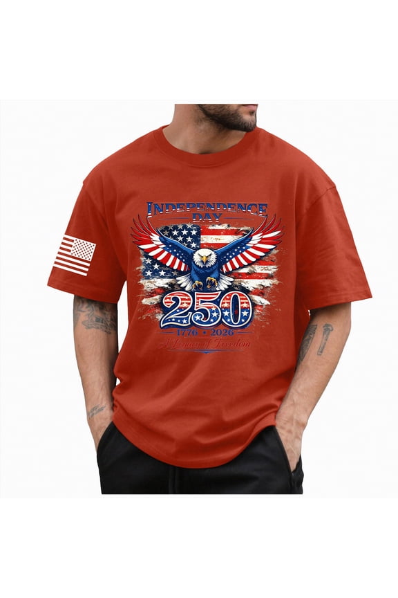 250 Anniversary Shirt Men 4th of July T-Shirt American Flag Shirts with Eagle Pattern Red 2XL
