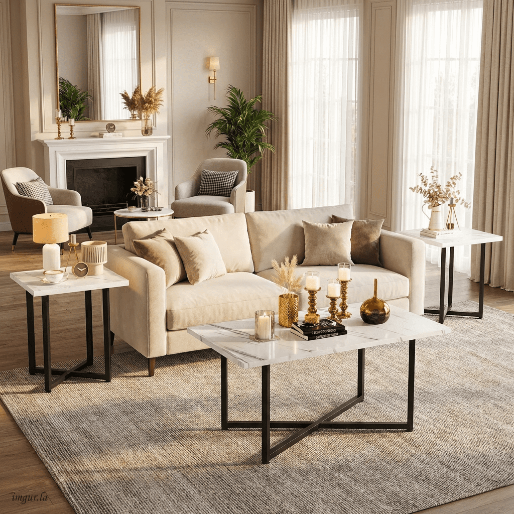 Baxluxe Coffee Table Set 3 Piece for Living Room,1 Coffee Table and 2 End Tables Sets,Modern Coffee Table and Side Table Set with Metal Frame for Apartment Home Office, White