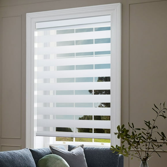 Biltek Zebra Cordless Window Blinds, Dual Layered Light Filtering Roller Shades, Easy Install Blinds, Indoor Home Decor, Pull-Down Shades for Windows, Light Control for Day & Night, White, 30"W X 72"H
