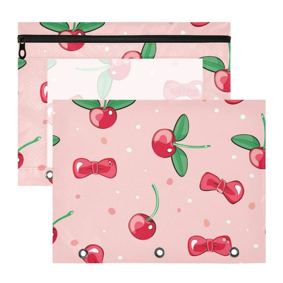 Cherries with Leaves Cute Bowknots 3-Ring Binder Pouches A4 Size Zipper Pocket File Storage 2 Packs