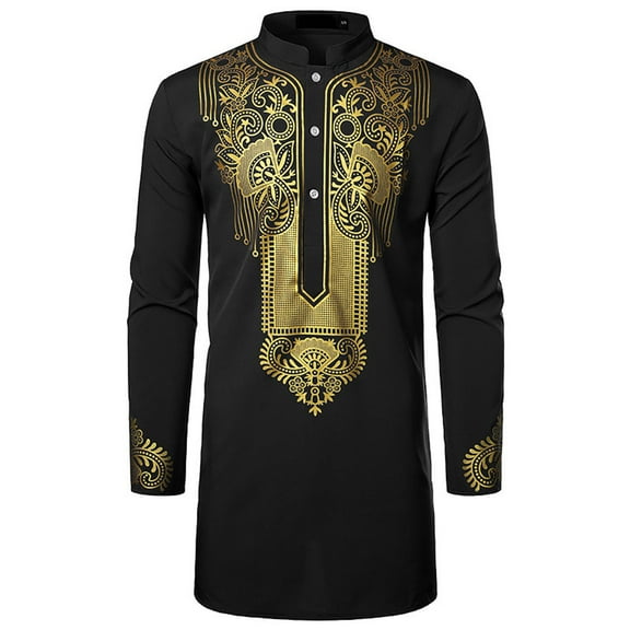 Lu's Chic Men's Vintage Shirt Long Shirt Long Sleeve Casual Summer Split Button Up Shirt Printed Black Small