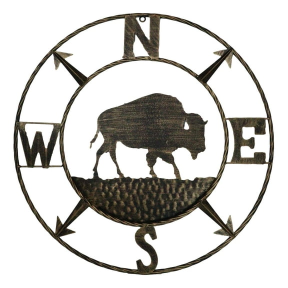 Bison Buffalo with N-S-E-W Compass Cardinal Directions Metal Wall Circle Sign