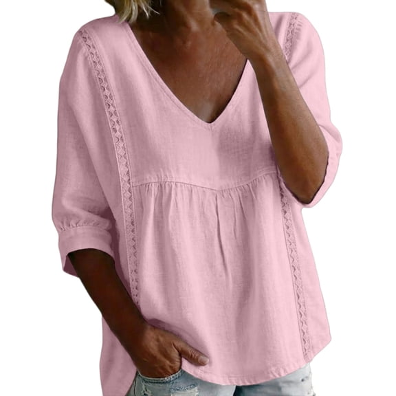 Womens Short Sleeve Tops Lace Trim V Neck Pleated 3/4 Sleeve Peplum Blouse Summer Tops Short for Women