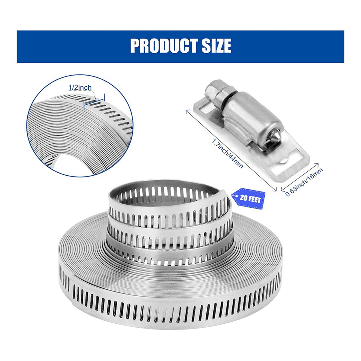 2X Hose Clamps 20FT Metal Strap+40 Fasteners DIY Cut-To-Fit Stainless Steel Band Clamps Adjustable Large Worm
