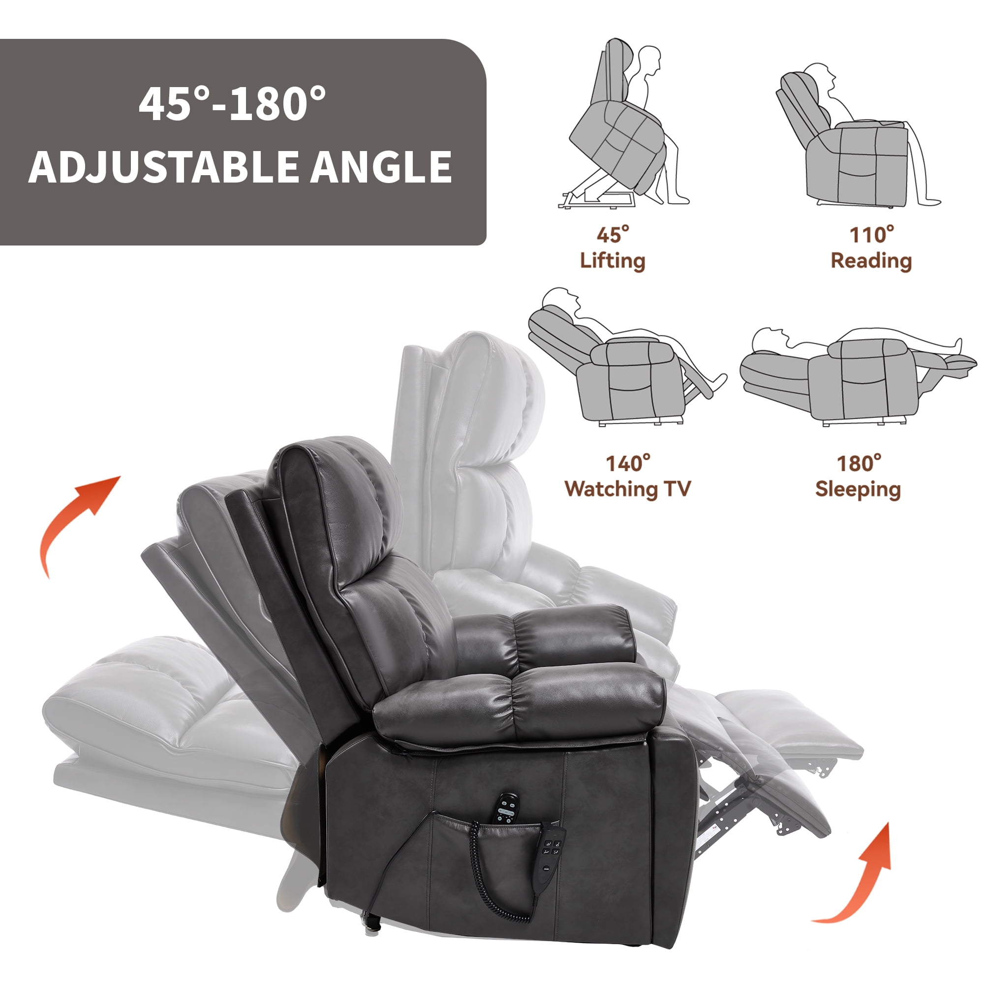 Alvantor Large Power Lift Recliner Chair for Elderly UP Leather Electric Recliners Chair with Massage and Heat for Living Room Dark Gray