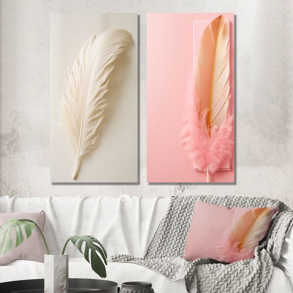 Designart "Delicate White Feather Boho Elegance" Feathers Wall Art Set Of 2 - Modern White Wall Decor Set Of 2