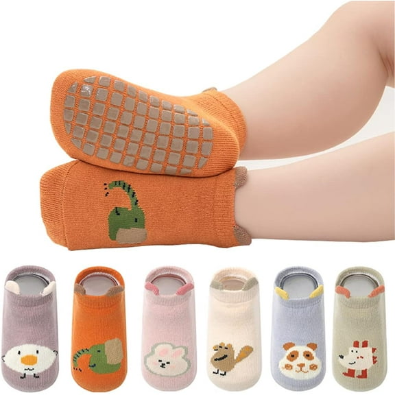 6 Pairs Non Slip Toddler Socks Baby Boys Girls Cartoon Floor Girps Ankle Socks For 6-24 Months Infant Little Kids