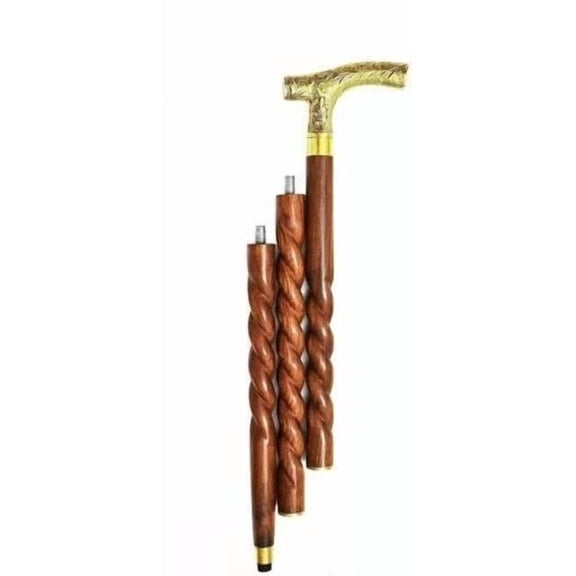 Wooden Spiral Brass Victorian Handle Vintage Style Walking Stick Cane