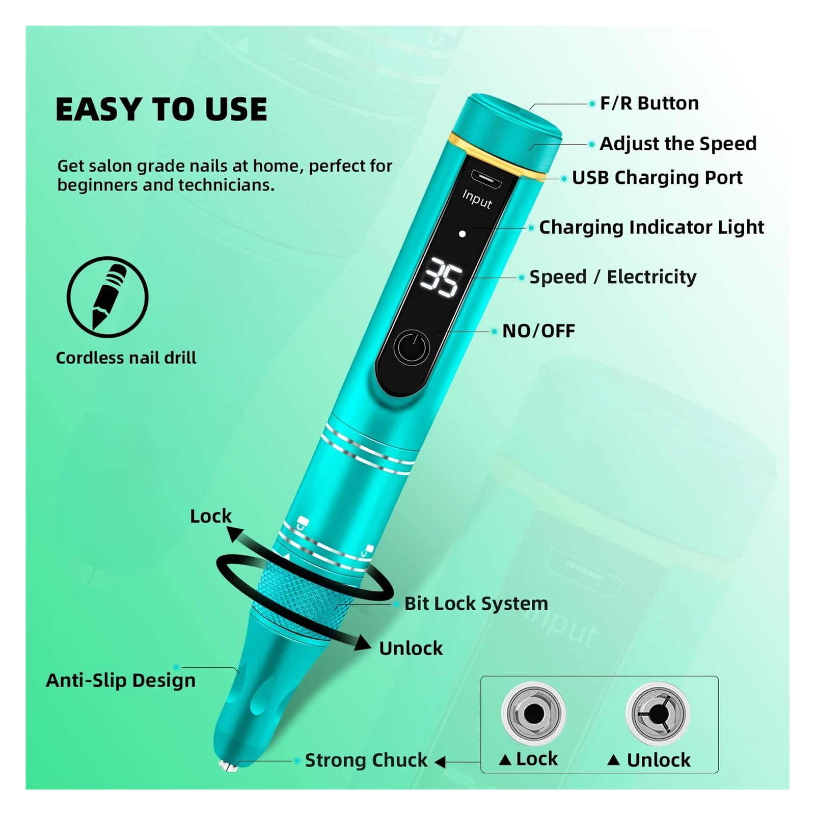 35000RPM Electric Nail Drill Machine Cordless Rechargeable Nail Drill For Gel Polishing Nail Drill Pen Salon Nail Equipment ,Low Noise