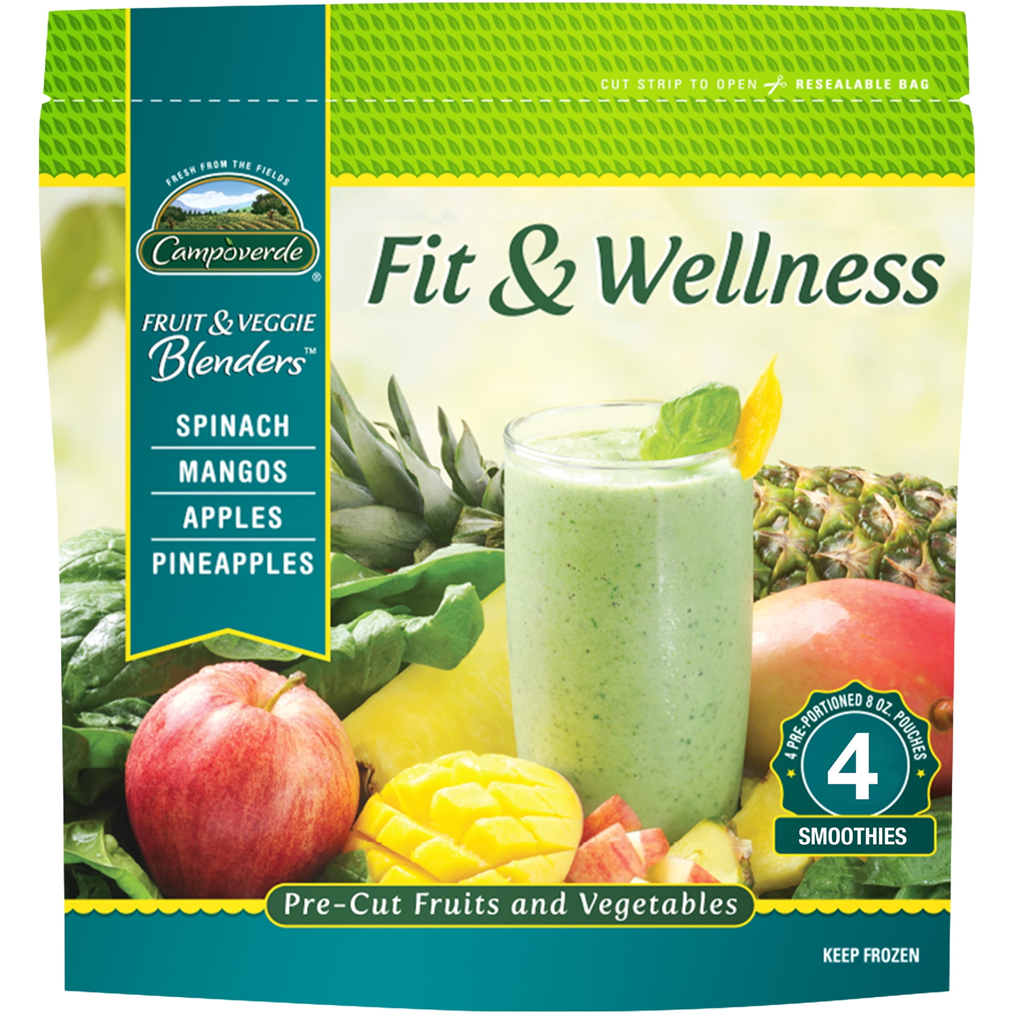 Campoverde Frozen Fruit & Veggie Smoothie Mix, Fit & Wellness, 4 Pre-Portioned Packs, No Added Sugar, 32 oz