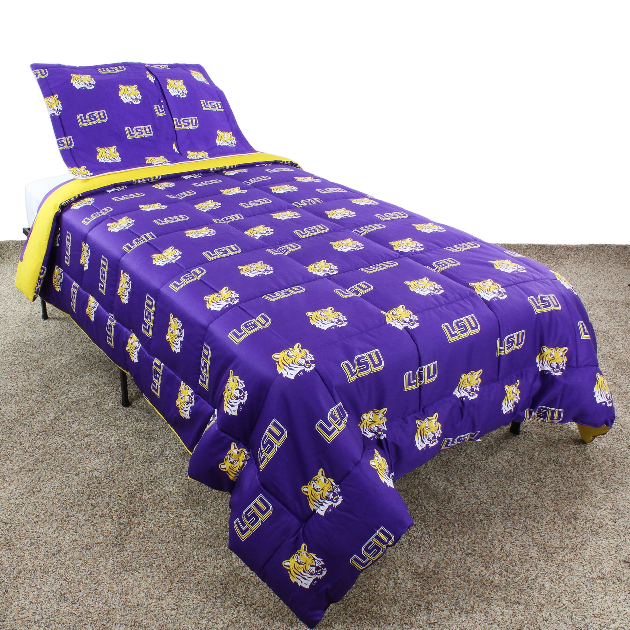 LSU Tigers 3 Pc Reversible Cotton Comforter Set, 1 Comforter, 2 Shams, King
