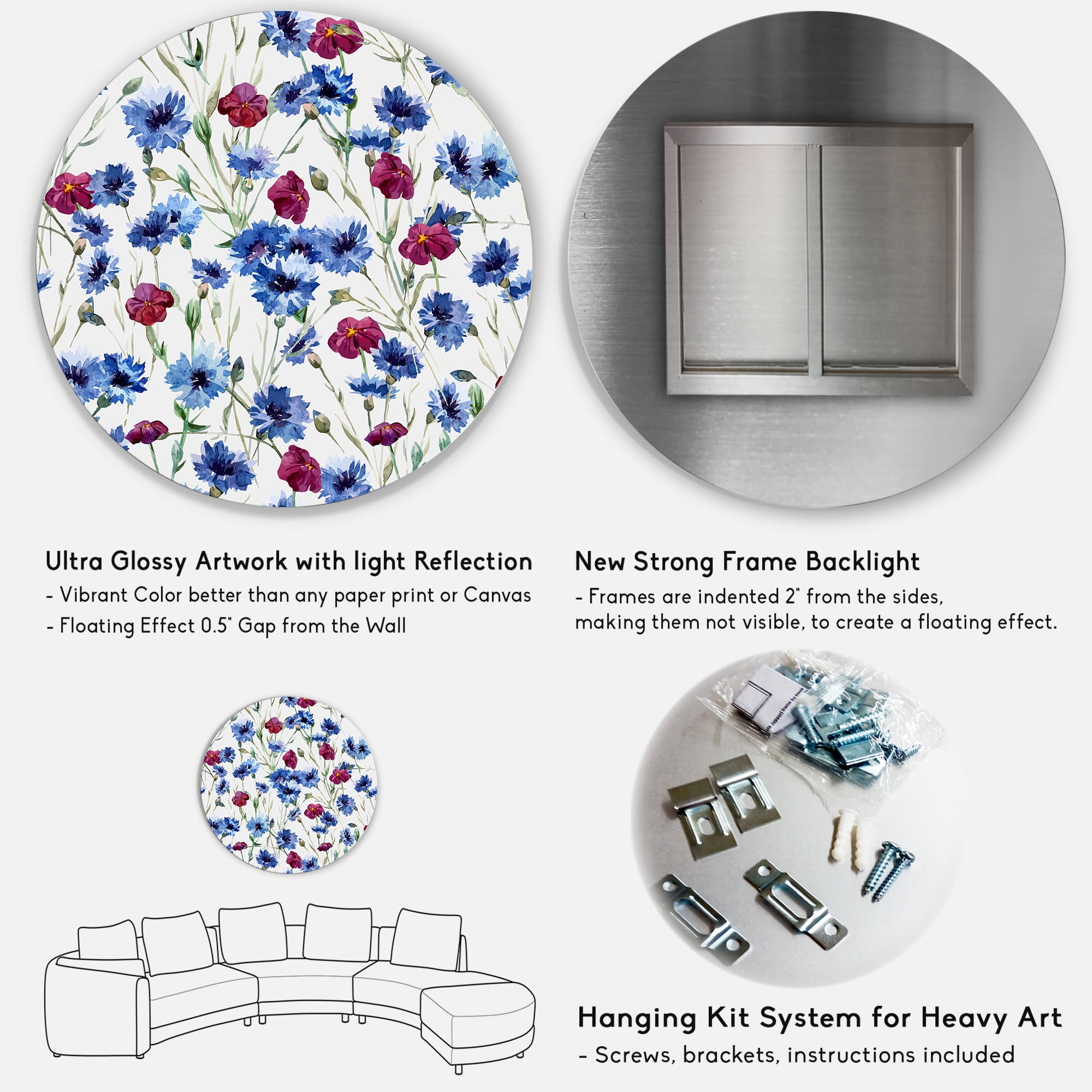 Designart 'Red and Blue Wildflowers' Traditional Circle Metal Wall Art 23x23 - Disc of 23