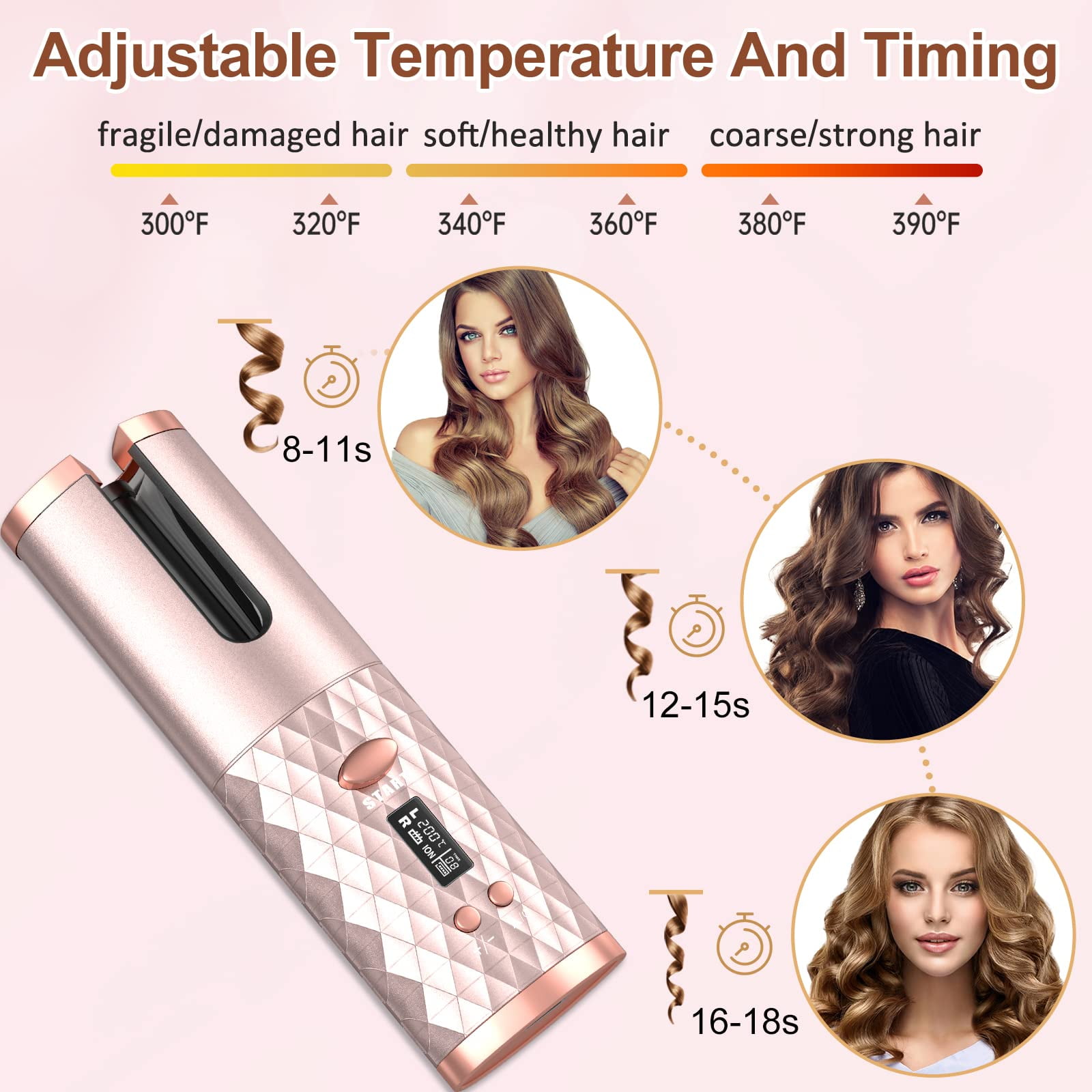 Automatic Curling Iron, Emlimny Cordless Hair Curlers with Adjustable Temps & Timers, Ceramic Barrel Auto Wave Wand, Portable Rotating Curling Wand Hair Styling Tool for Travel
