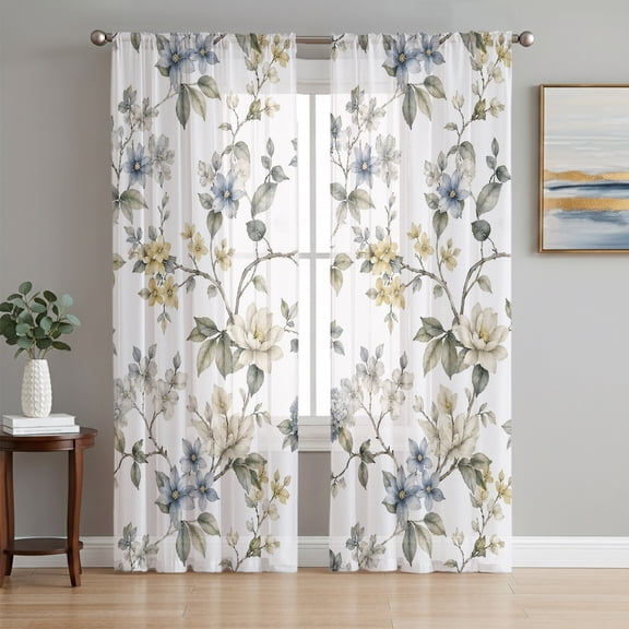 Farmhouse Flowers Sheer Curtains 84 Inch Length 2 Panels Set, Spring Floral Elegant Pastoral Voile Window Treatment Rod Pocket Curtains Sheers Drapes for Bedroom/Living Room/Kitchen 52"x84"x2